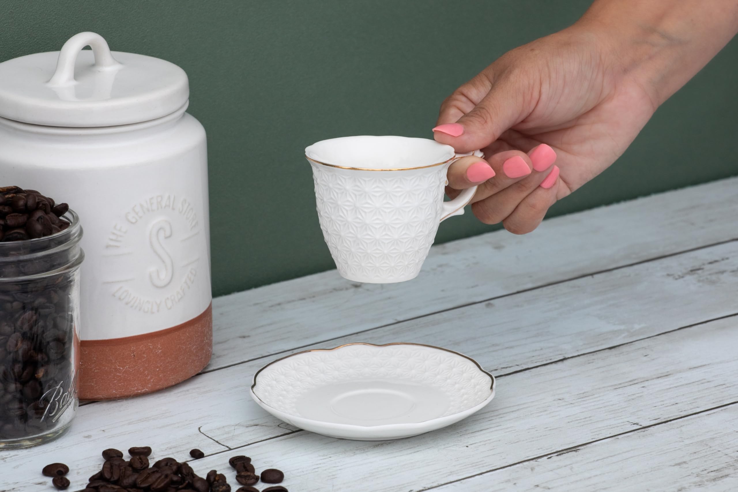 Turkish Coffee Cups and Saucers - Elegant White Porcelain 12 Piece, 3 oz Mini Cup Set with Gold Rim, Espresso Coffee Cup Set, Espresso Machines, Kitchen, Perfect for Coffee Bars