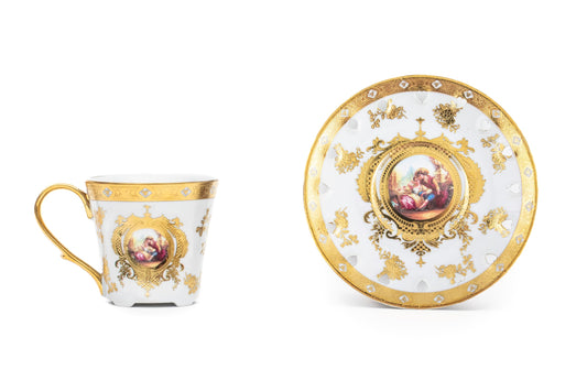 Royalty Porcelain Vintage Tea Set - 17 Piece Tea Party Set - Luxurious Ceramic with Sugar Pot, Cups, Saucers, Teapot, Creamer - For Kitchen Set or Formal Occasions (White and Gold, Round)