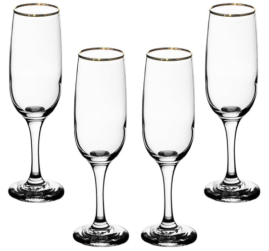 Elegant Flute Stemware, 8 Ounce - Champagne Glass with Gold Rim - Crystal Clear Drinking Glass for Red Wine, Cocktails and Other Beverages - For Home and Bar