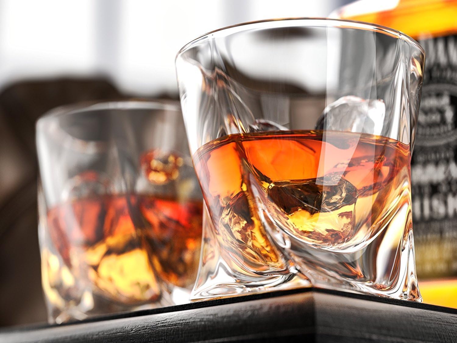 Horse decanter filled with amber whiskey showing liquid visibility through clear glass