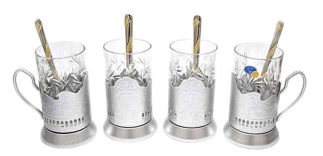 SILVER Combination of 4 Russian Old-Fashioned CUT Crystal Hot Tea Glass 8.5 Oz & Handmade Metal Glass Holder Podstakannik w/ Gold-plated Teaspoon, Vintage Hot or Cold beverage drinking SET