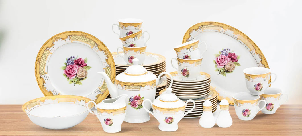Dinnerware Set for 8 - 49 Piece White Dish - Vintage Porcelain - Plates, Bowls, Cups and Saucers - Luxurious Tableware, Chip Resistant
