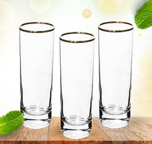 GIFTS PLAZA Highball Glasses Set of 4 ? 10 Ounce Tall Drinking Glassware with Gold Rim ? Crystal Clear Drinkware for Juice, Milk, Water ? Casual Stemless Glass for Bar, Home and Kitchen (4)