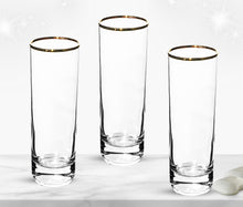 GIFTS PLAZA Highball Glasses Set of 4 ? 10 Ounce Tall Drinking Glassware with Gold Rim ? Crystal Clear Drinkware for Juice, Milk, Water ? Casual Stemless Glass for Bar, Home and Kitchen (4)