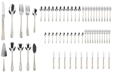 20 Piece Flatware Set - Gold Trim Handles - Stainless Steel 18/10 Silverware - Complete Cutlery Set for 4 - Home Essentials, Kitchen and Dining, Dishwasher Safe - For All Occasions (65 Piece, Verona)