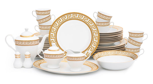 Porcelain Dinnerware Set for 8 - White and Gold 49 Pieces Vintage Design Dishes - Tableware Service Plates and Bowls Setting for Every Day and Formal Occasions