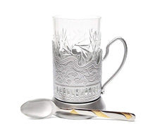 SILVER Combination of 1 Russian Old-Fashioned CUT Crystal Hot Tea Glass 8.5 Oz & Handmade Metal Glass Holder Podstakannik w/ Gold-plated Teaspoon, Vintage Hot or Cold beverage drinking SET