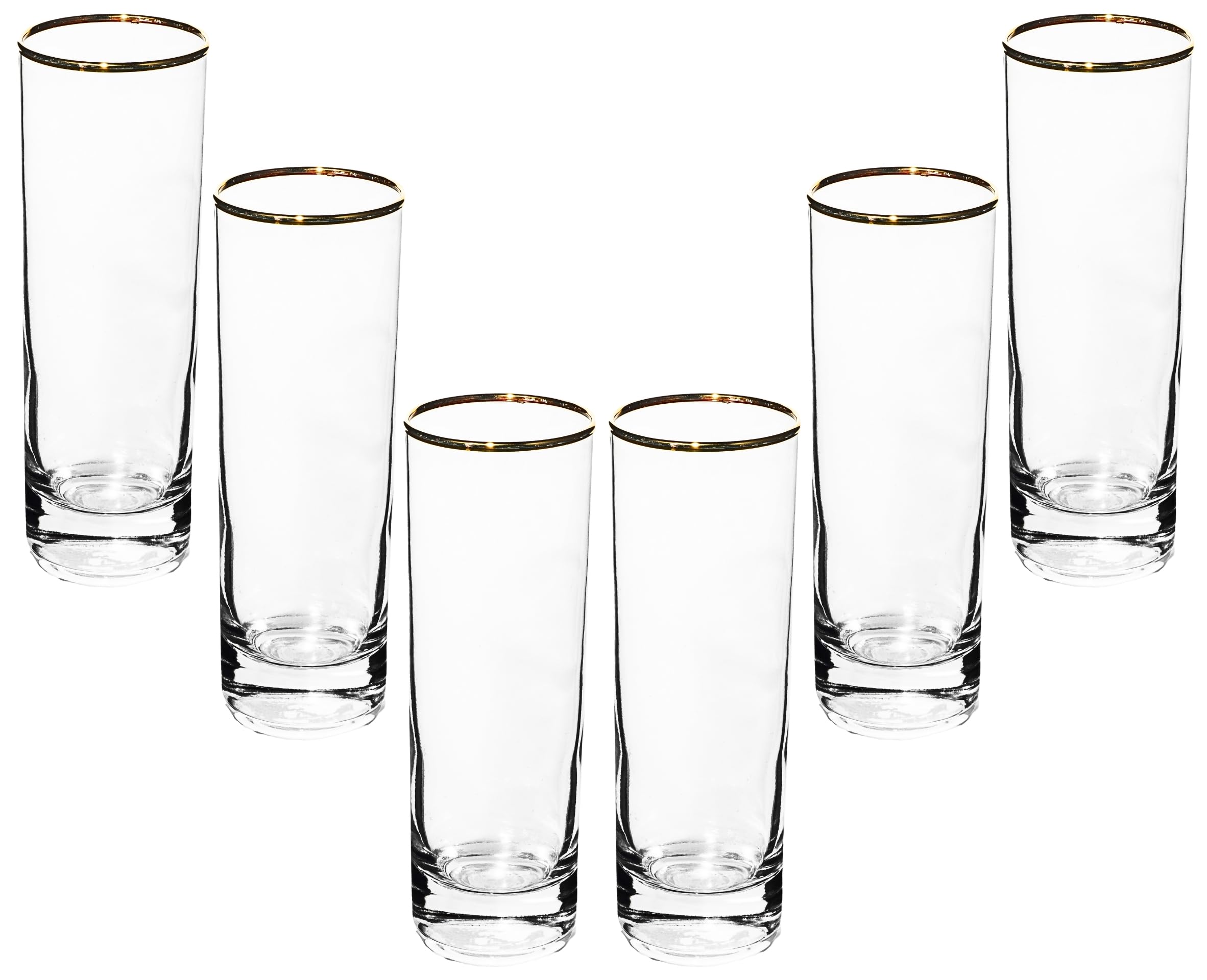 GIFTS PLAZA Highball Glasses - 10 Ounce Tall Drinking Glassware with Gold Rim - Crystal Clear Drinkware for Juice, Milk, Water - Casual Stemless Glass for Bar, Home and Kitchen