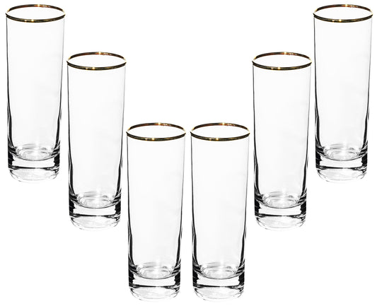 GIFTS PLAZA Highball Glasses - 10 Ounce Tall Drinking Glassware with Gold Rim - Crystal Clear Drinkware for Juice, Milk, Water - Casual Stemless Glass for Bar, Home and Kitchen