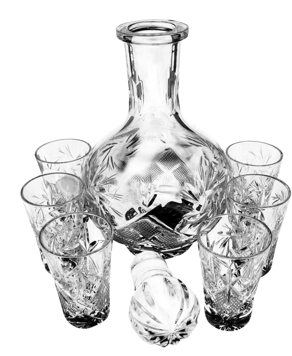 Vodka Set Russian Cut Crystal 12oz Decanter & 6 Crystal Shot Glasses 1.2 Oz