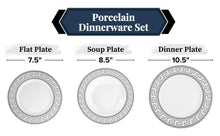 Porcelain 12 Piece Dinnerware Set - Service for 4 - Gorgeous Silver Greek Key Inspired Design - Includes Kitchen Plates, Ceramic Dishes Set for 4 (Meander Silver 12DIN)