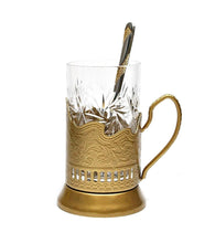 GOLD Combination of 1 Russian Old-Fashioned CUT Crystal Hot Tea Glass 8.5 Oz & Handmade Metal Glass Holder Podstakannik w/ Gold-plated Teaspoon, Vintage Hot or Cold beverage drinking SET