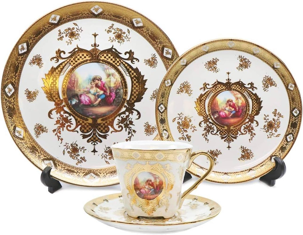 Royalty Porcelain Dinnerware Set - 16 Piece Dish Set for 4 - Luxurious Hand-Painted Ceramic - Gorgeous Premium Kitchen Dishes, Porcelain Dinnerware Sets, Classic White Kitchen Set (White and Gold)