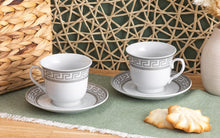 Porcelain Tea Cup and Saucer Set - 4 Piece White with Silver Greek Key Design - 5.5 inch Saucers, 6.5 oz Cups - For Tea Parties, Cappuccino, Decor - Chip Resistant (Meander Silver 3004, 4 Piece)