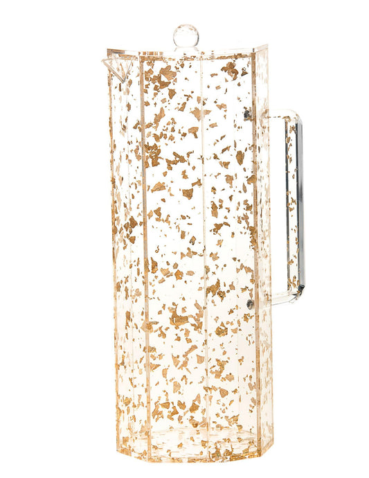 (D) Lucite Pitcher with Gold Flakes, 12" H, 6" W, Holds 91 oz, Stylish Beverage Dispenser