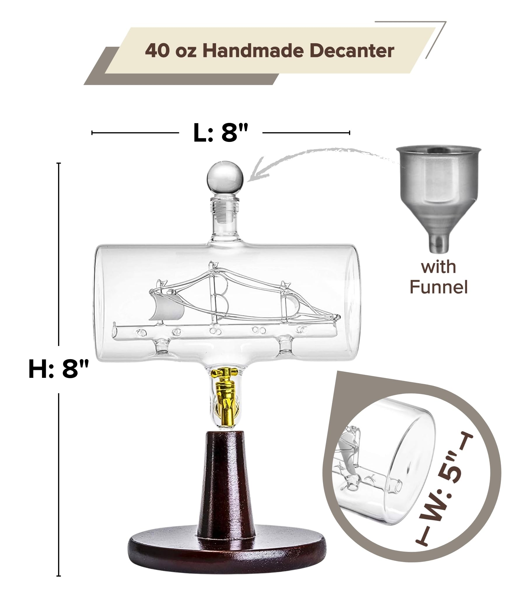Handmade Glass Whiskey Liquor Decanter - Hand Blown Clear Glass on Stand for All Types of Alcohol and Other Liquids