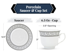 Porcelain Tea Cup and Saucer Set - 4 Piece White with Silver Greek Key Design - 5.5 inch Saucers, 6.5 oz Cups - For Tea Parties, Cappuccino, Decor - Chip Resistant (Meander Silver 3004, 4 Piece)