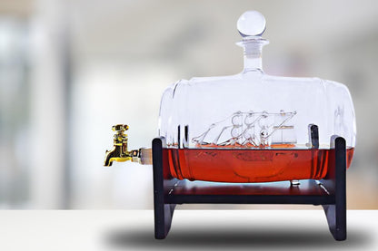 Large 40 Oz 'Barrel' Handmade Whisky Liquor Dispenser Decanter Mega Set with Diamond Glasses