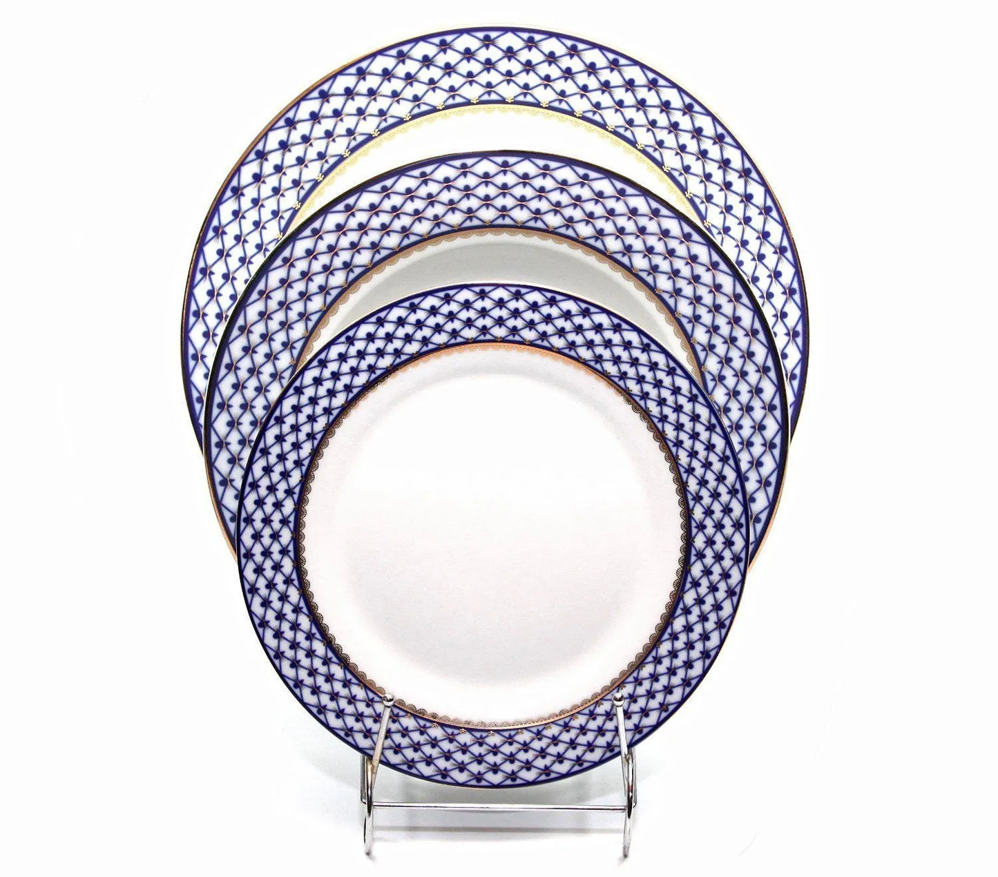Place Setting 3-pcs, Lomonosov Porcelain, Russian Cobalt Blue Net, 24K Gold