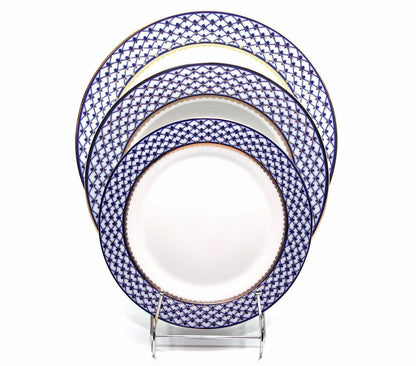 Place Setting 3-pcs, Lomonosov Porcelain, Russian Cobalt Blue Net, 24K Gold