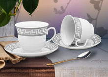 Porcelain Tea Cup and Saucer Set - 4 Piece White with Silver Greek Key Design - 5.5 inch Saucers, 6.5 oz Cups - For Tea Parties, Cappuccino, Decor - Chip Resistant (Meander Silver 3004, 4 Piece)