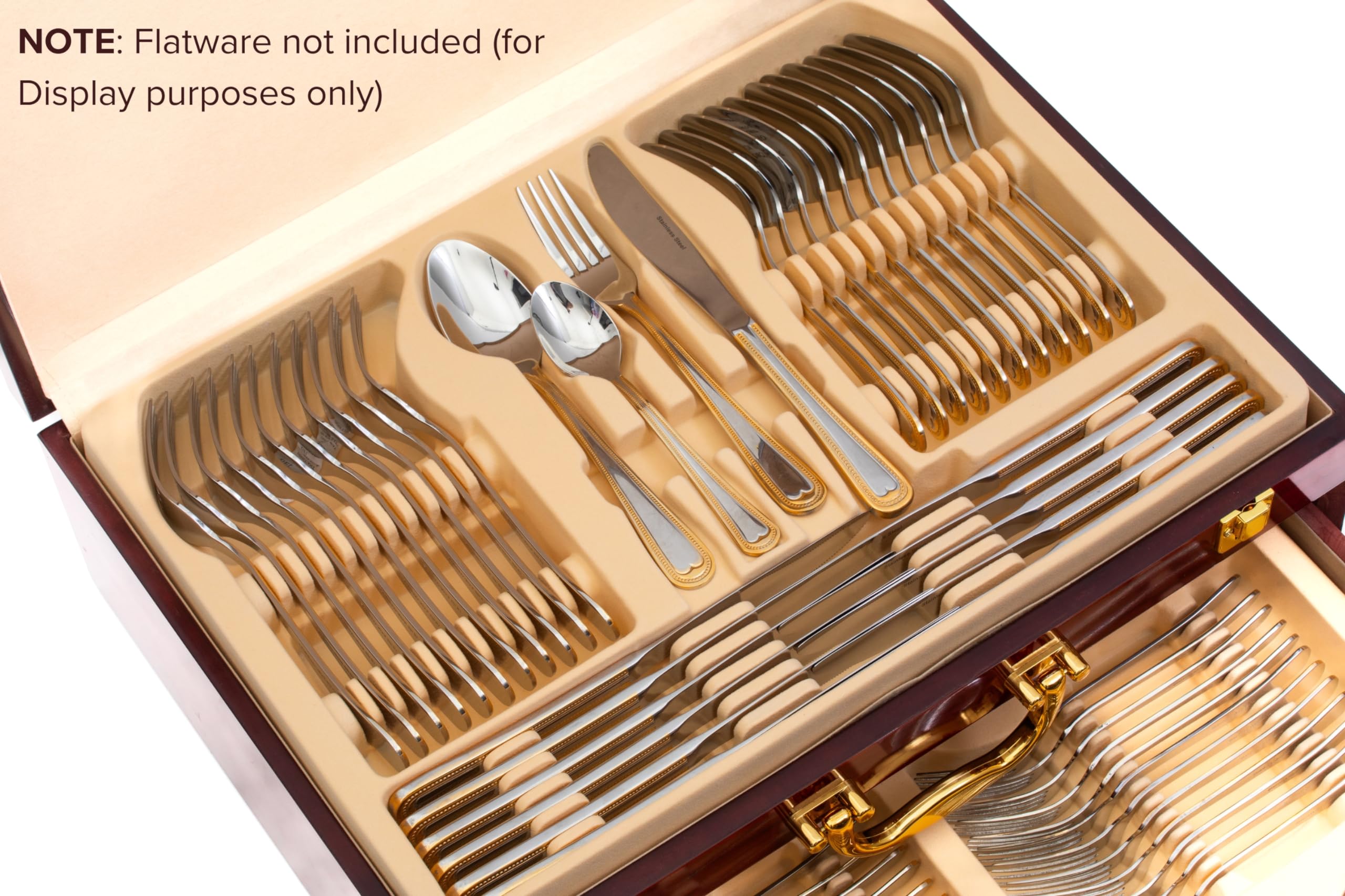 Flatware Storage Box with Drawer - For Up To 75 Piece Sets High-Gloss Case with Lid and Gold-Plated Handles, Red Wood Style Chest with Cream Interior Trays - Italian Collection Silverware Organizer