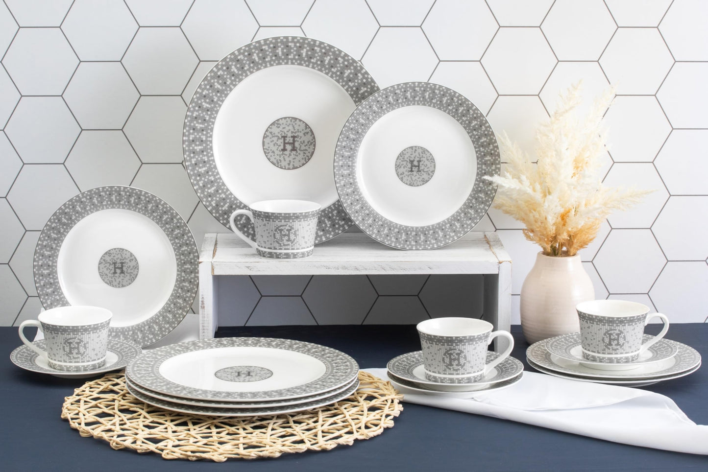 Dinnerware Set for 4-16 Piece Porcelain Dishes - Gorgeous White and Silver Intricate Geometric Mosaic Design - Premium Kitchen Set - For Everyday Use and Formal Occasions (16 Piece Set)