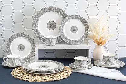Dinnerware Set for 4-16 Piece Porcelain Dishes - Gorgeous White and Silver Intricate Geometric Mosaic Design - Premium Kitchen Set - For Everyday Use and Formal Occasions (16 Piece Set)