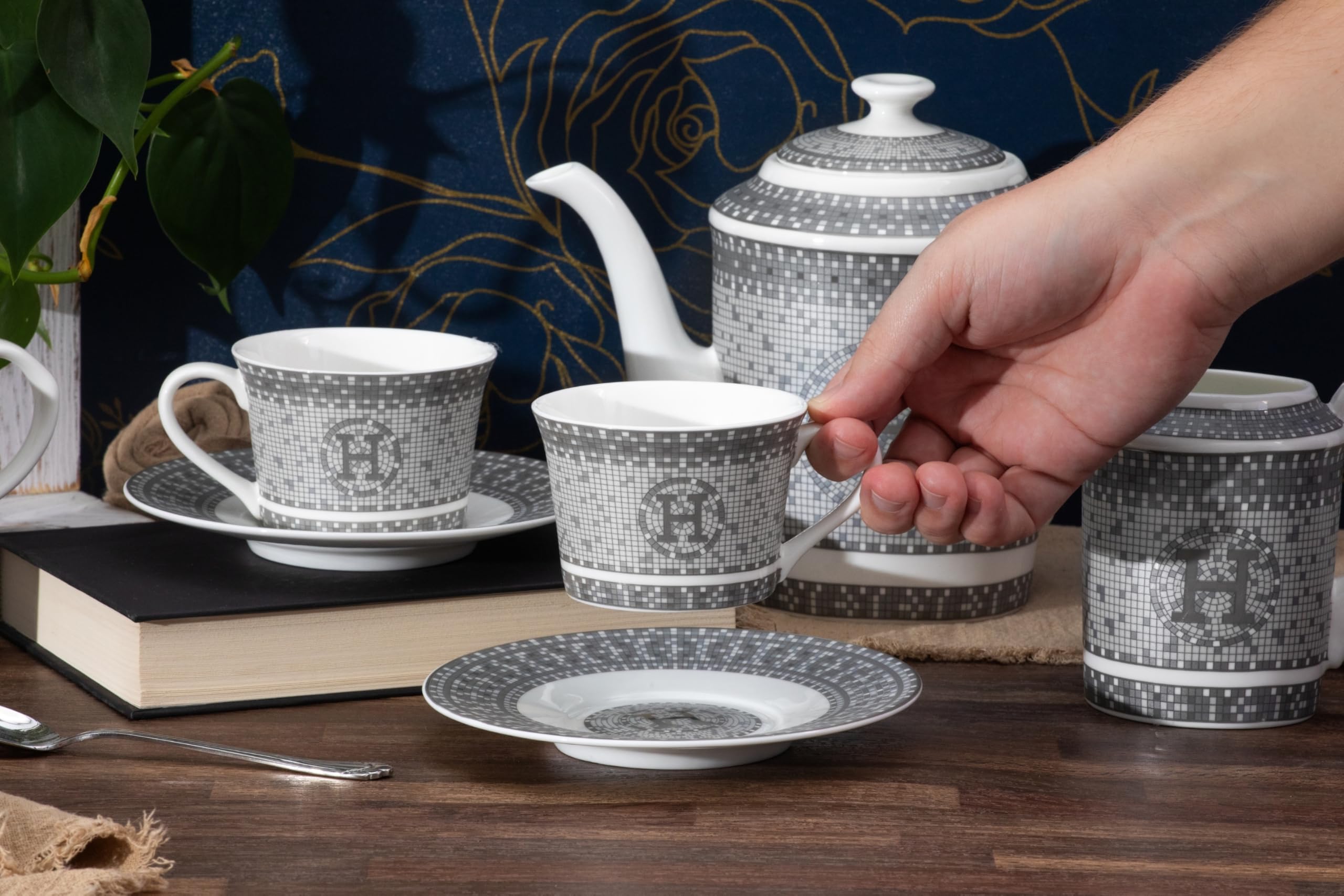 6 oz coffee cup set Porcelain Tea Set for 6 - Cups (6 oz) and Saucers
