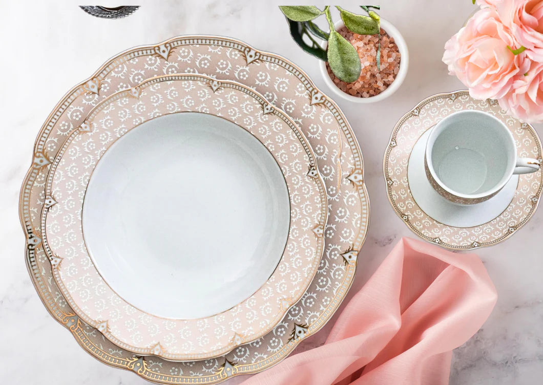 Dinnerware Set for 8 - 49 Piece White Dish - Vintage Porcelain - Plates, Bowls, Cups and Saucers - Luxurious Tableware, Chip Resistant