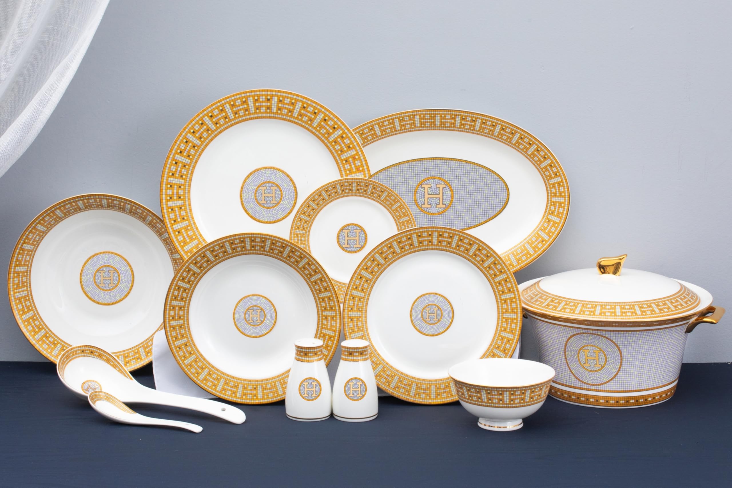Royalty Porcelain Mosaic bone china dinner set styled on an elegant table setting for a formal occasion