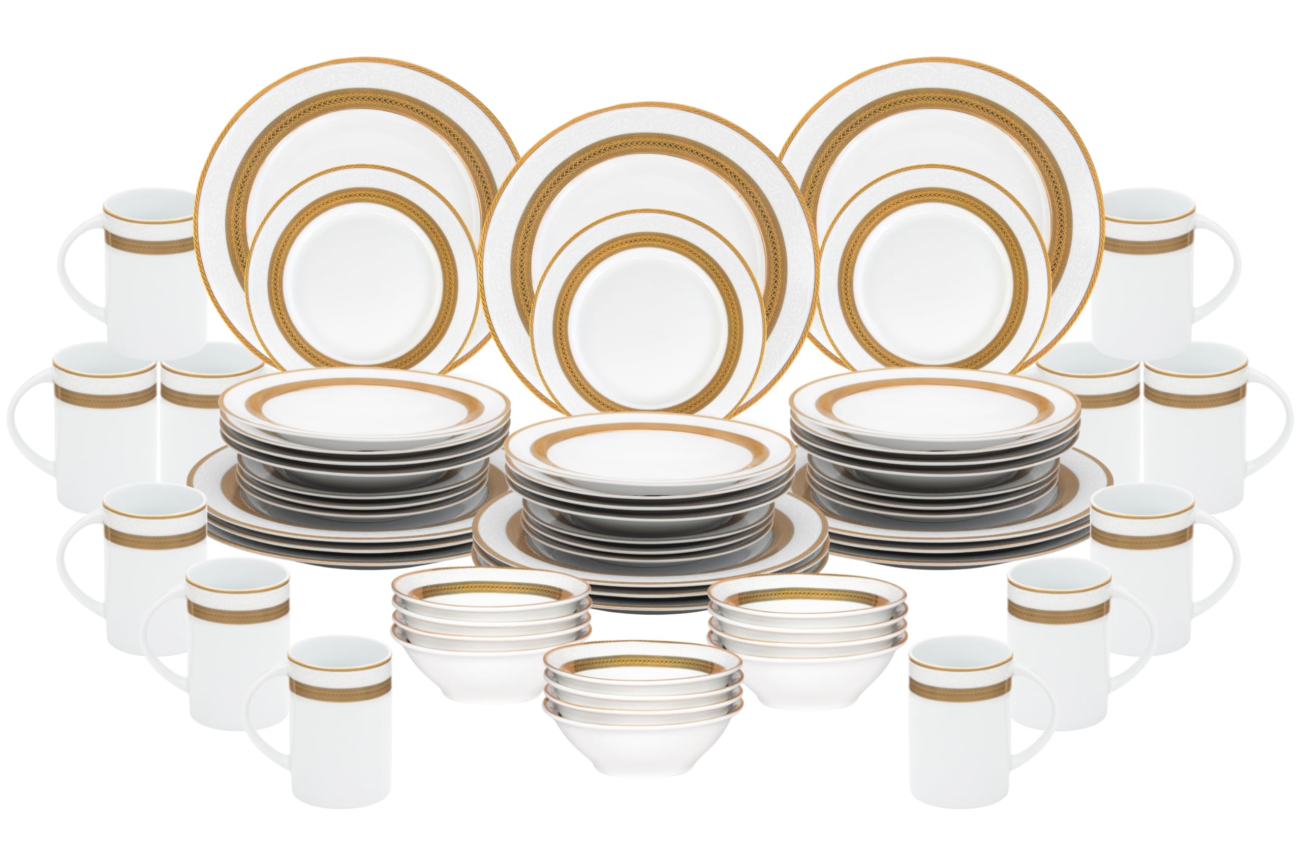 Full 60-piece white and gold vintage porcelain dinnerware set arranged as a complete service for 12 on a styled table