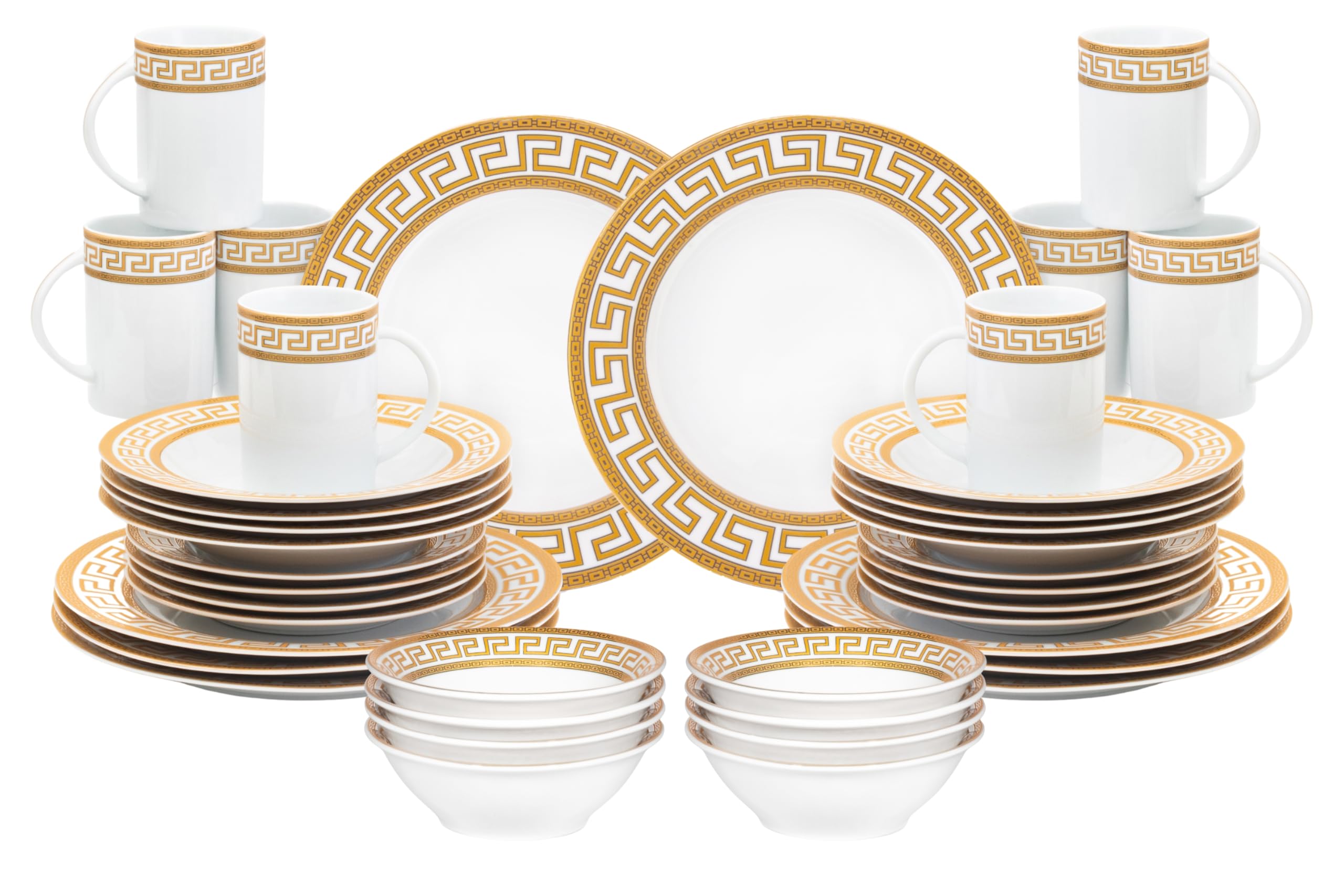 Close-up of the vintage-inspired pattern on white porcelain dinner plate from the 40-piece dinnerware set for 8