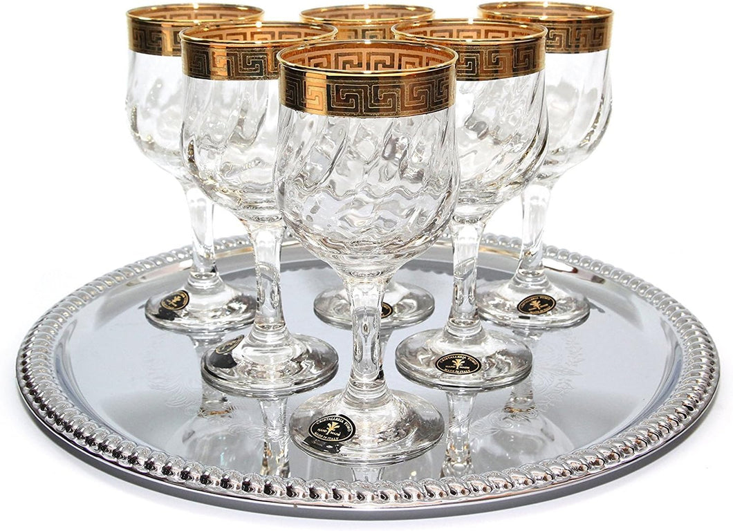 Italian Collection 'Tulip' 9 Oz Crystal Wine Goblets Glasses, 24K Greek Key Gold-Plated