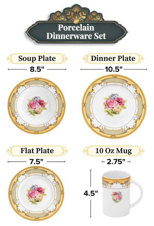 White with Gold Dinnerware Set - Roses 16 Piece Vintage Porcelain Tableware Setting for 4 for Every Day Use or Formal Occasions