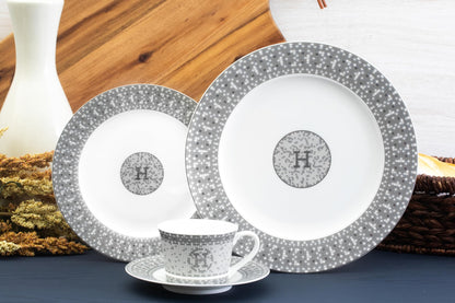 Dinnerware Set for 4-16 Piece Porcelain Dishes - Gorgeous White and Silver Intricate Geometric Mosaic Design - Premium Kitchen Set - For Everyday Use and Formal Occasions (16 Piece Set)