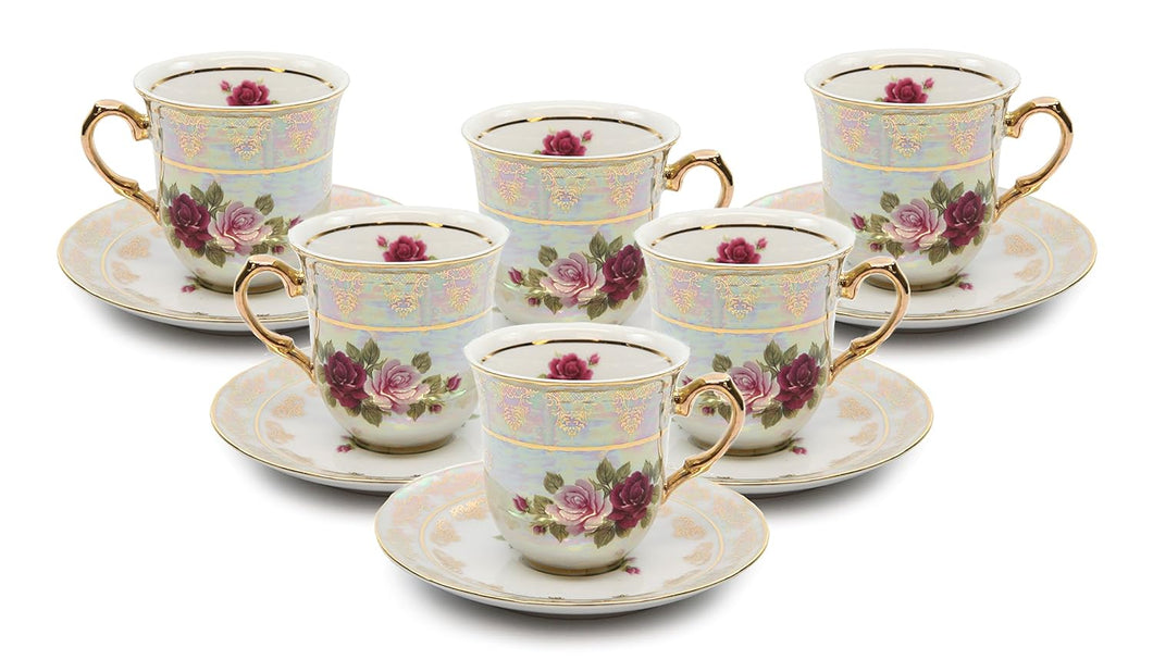 Royalty Porcelain 12-pc Miniature Espresso Coffee, Cups and Saucers, Vintage Cobalt Rose Floral Pattern, Bone China Tableware (4 Oz)