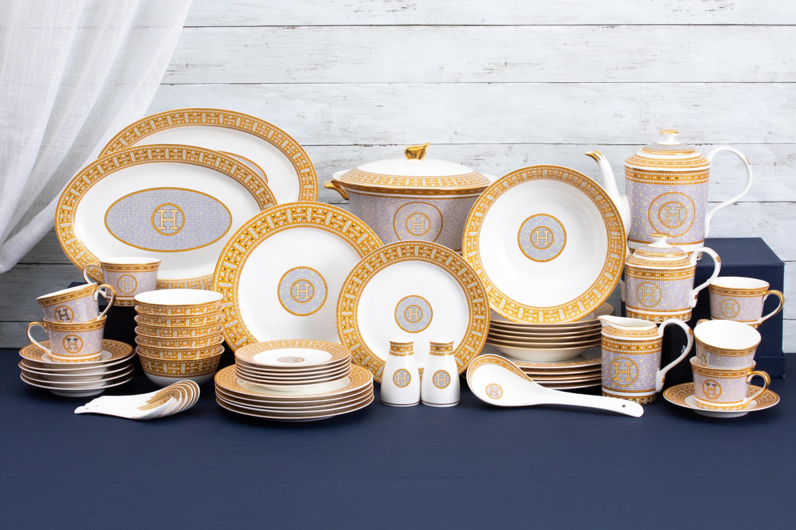 Royalty Porcelain Mosaic tureen with cover in bone china, highlighting sculptural form and gold trim