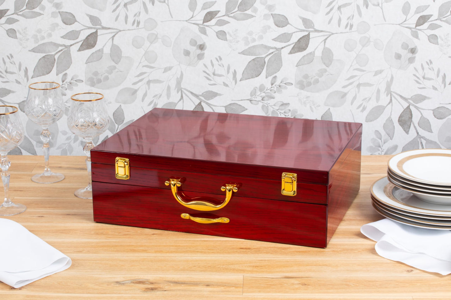 Flatware Storage Box with Drawer - For Up To 75 Piece Sets High-Gloss Case with Lid and Gold-Plated Handles, Red Wood Style Chest with Cream Interior Trays - Italian Collection Silverware Organizer