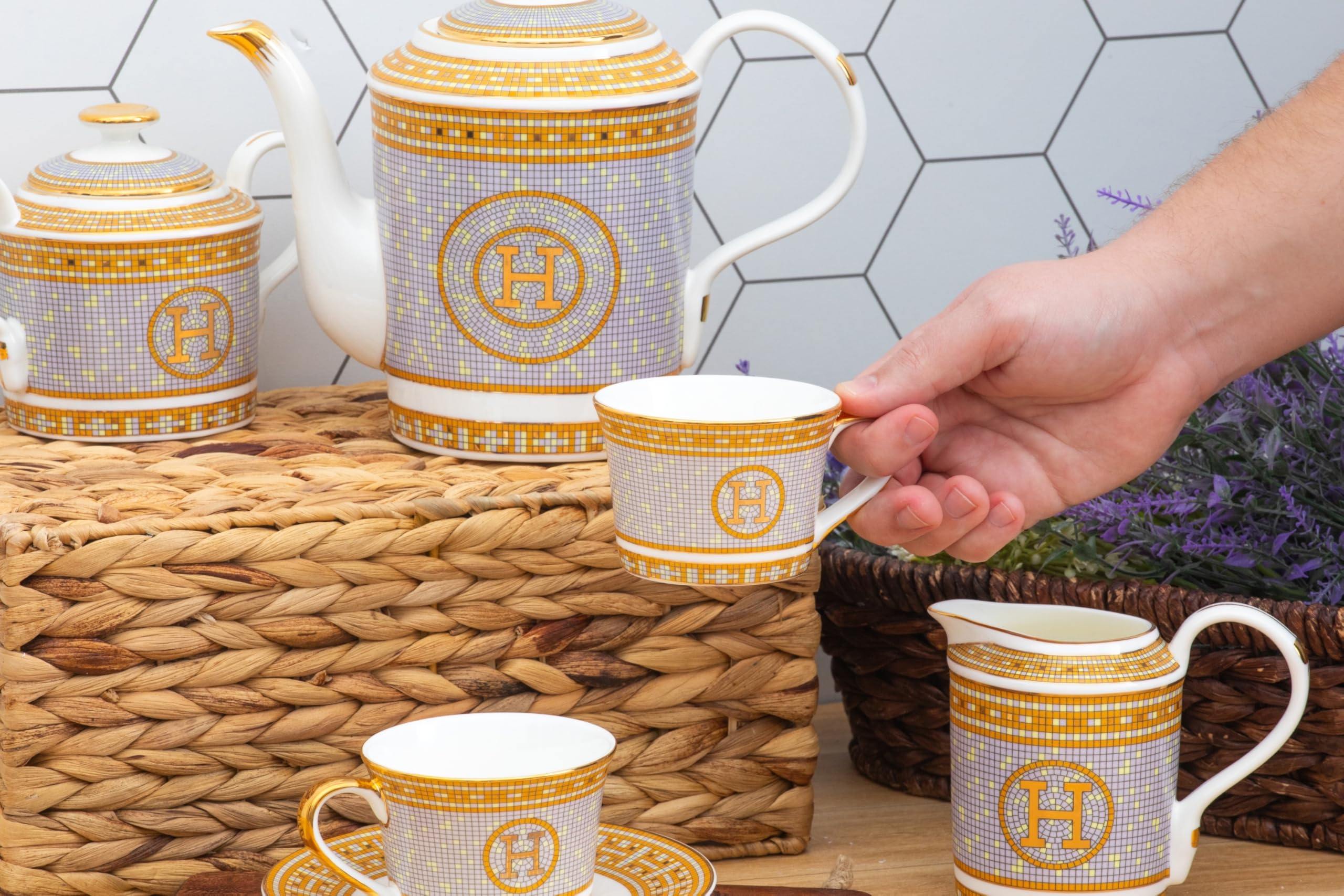 Individual Royalty Porcelain Mosaic cup and saucer set showcasing delicate 24K gold border and mosaic design