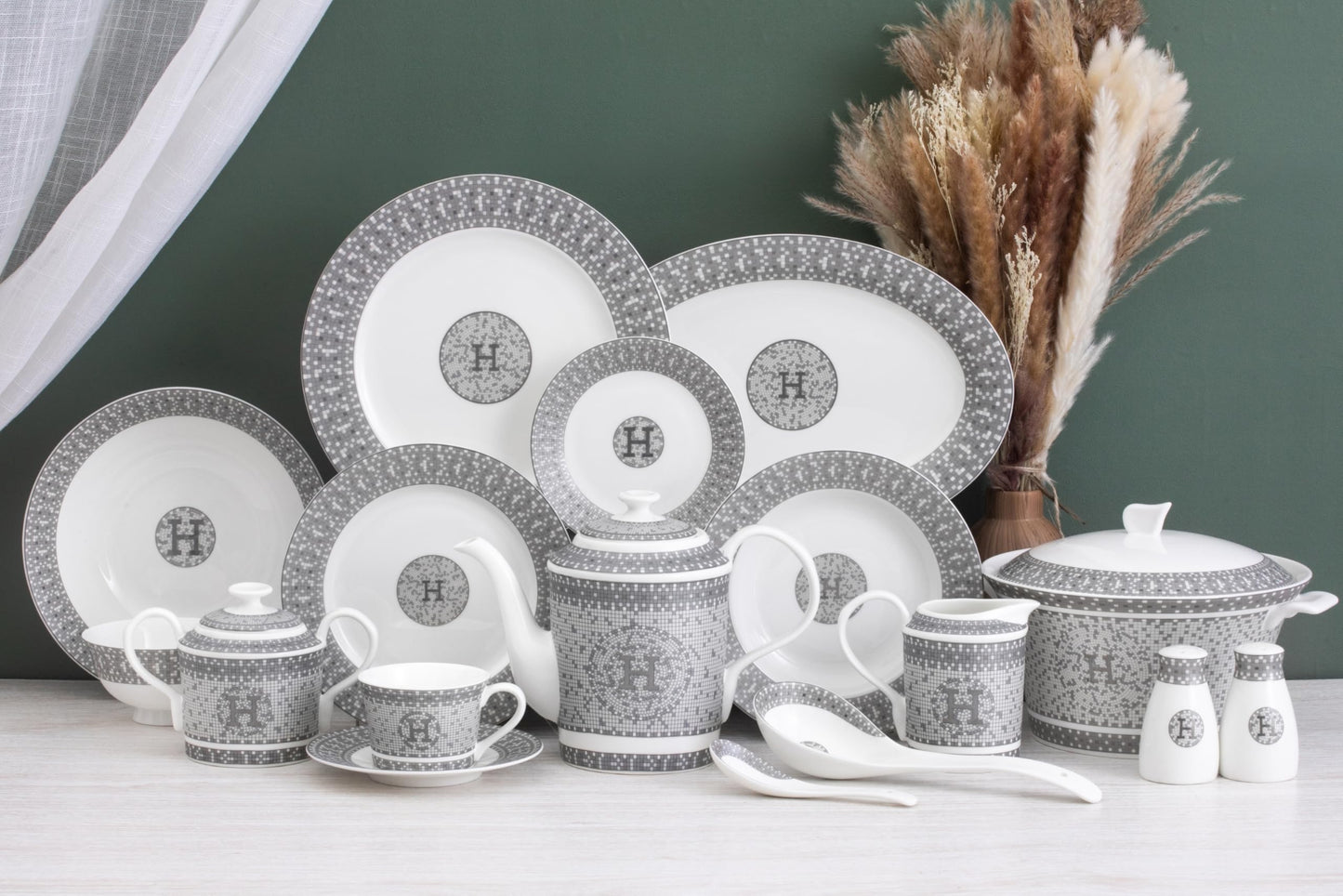 Dinnerware Set for 6-58 Piece Porcelain Dishes - Gorgeous White and Silver Intricate Geometric Mosaic Design - Premium Kitchen Set - For Everyday Use and Formal Occasions (58 Piece Set)