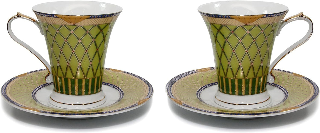 Royalty Porcelain 2pc Rococo Collection GREEN Tea or Coffee 9 Oz Cup / Mug Set, 24K Gold-Plated Ornament