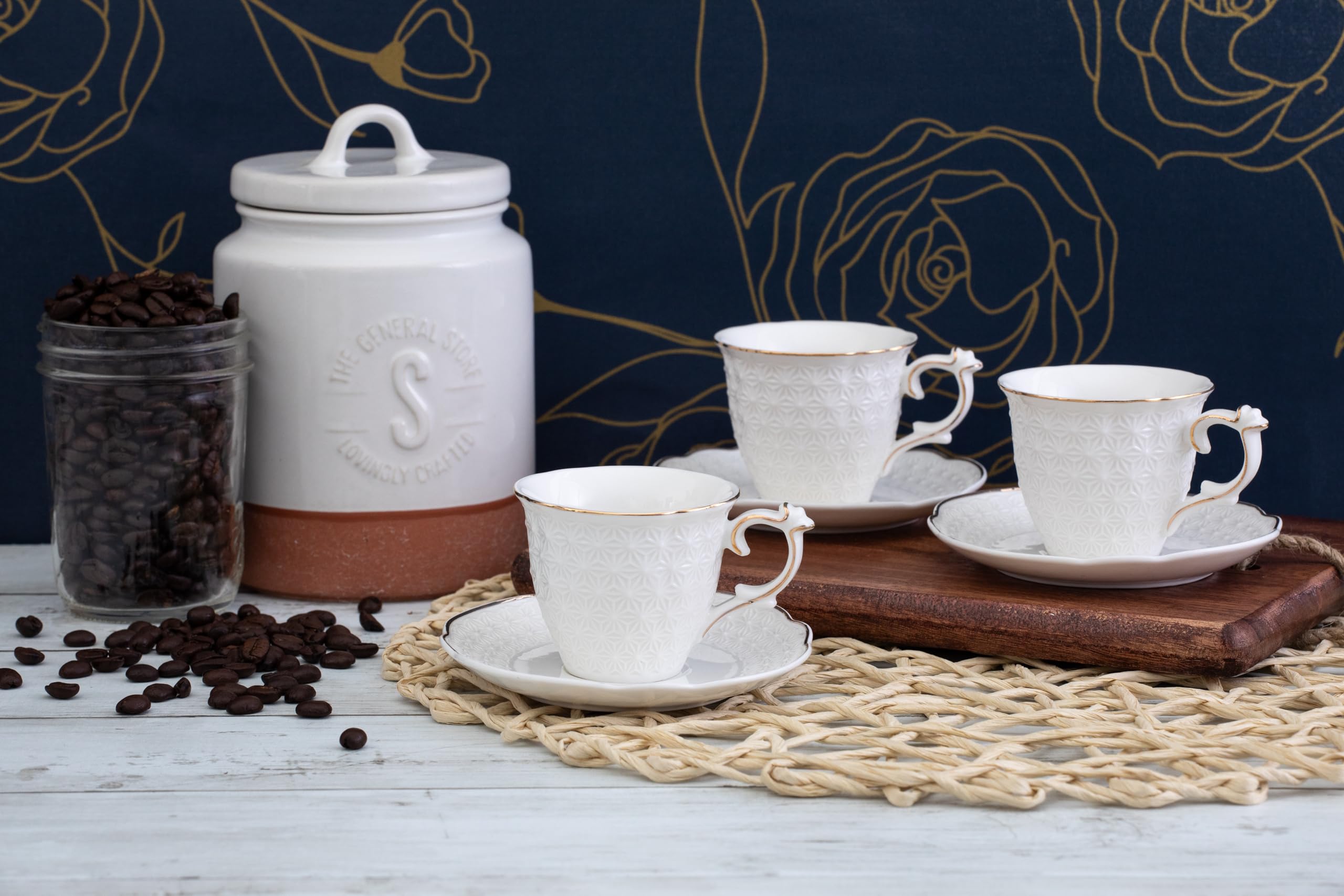 Turkish Coffee Cups and Saucers - Elegant White Porcelain 12 Piece, 3 oz Mini Cup Set with Gold Rim, Espresso Coffee Cup Set, Espresso Machines, Kitchen, Perfect for Coffee Bars