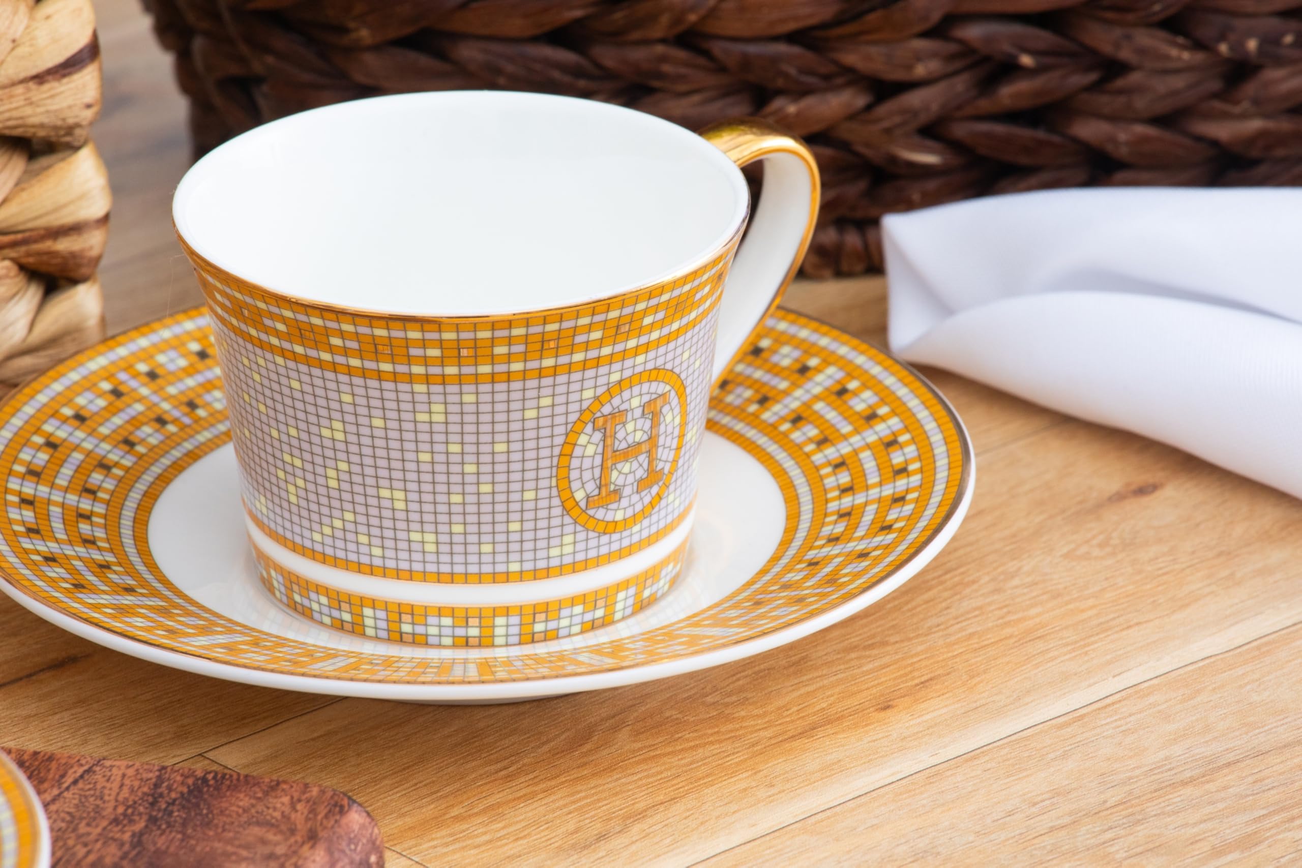Full 44-piece Royalty Porcelain Mosaic dinner set laid out to show complete service scope and gold-trimmed pieces