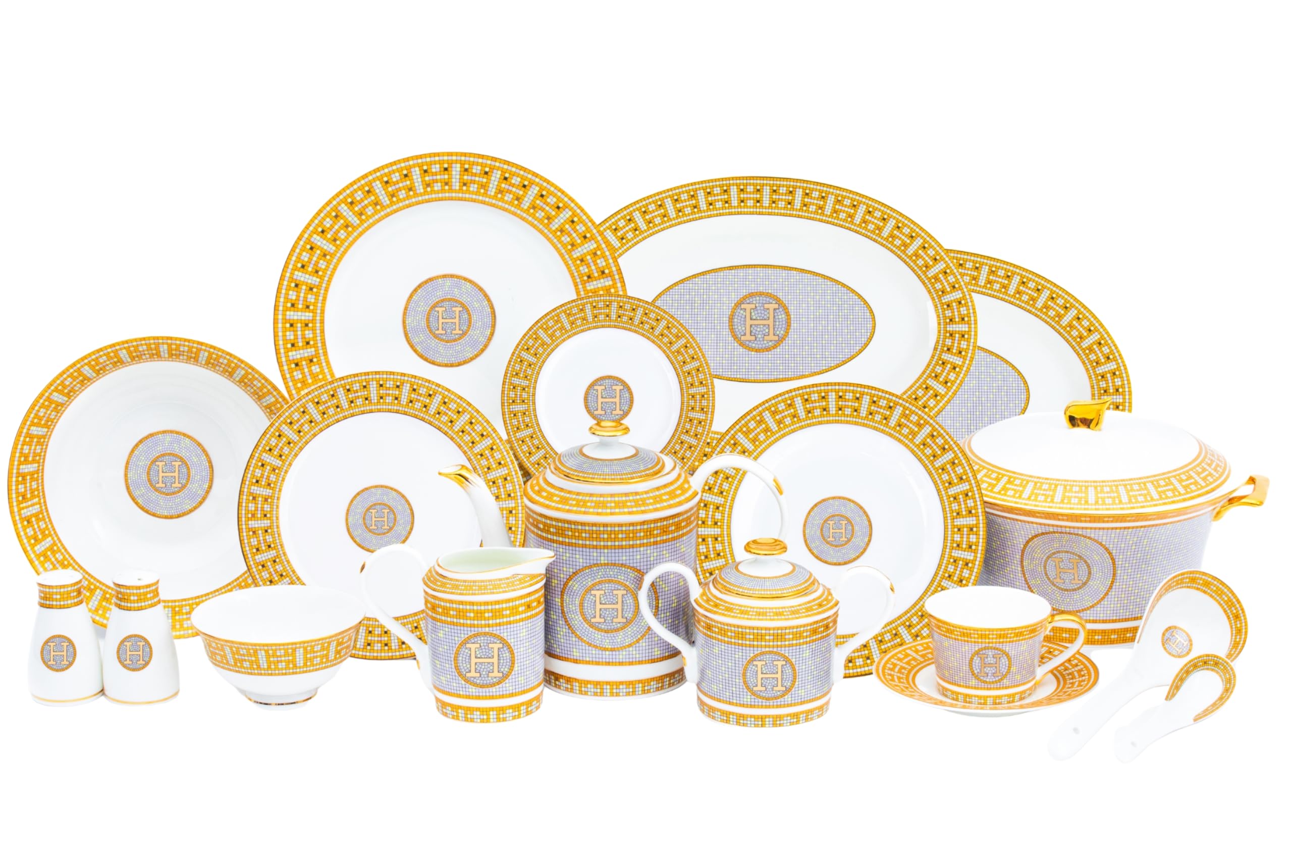 Royalty Porcelain 58-pc Mosaic dinner set in fine bone china with 24K gold accents, full collection view