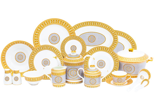 Royalty Porcelain 58-pc Mosaic dinner set in fine bone china with 24K gold accents, full collection view
