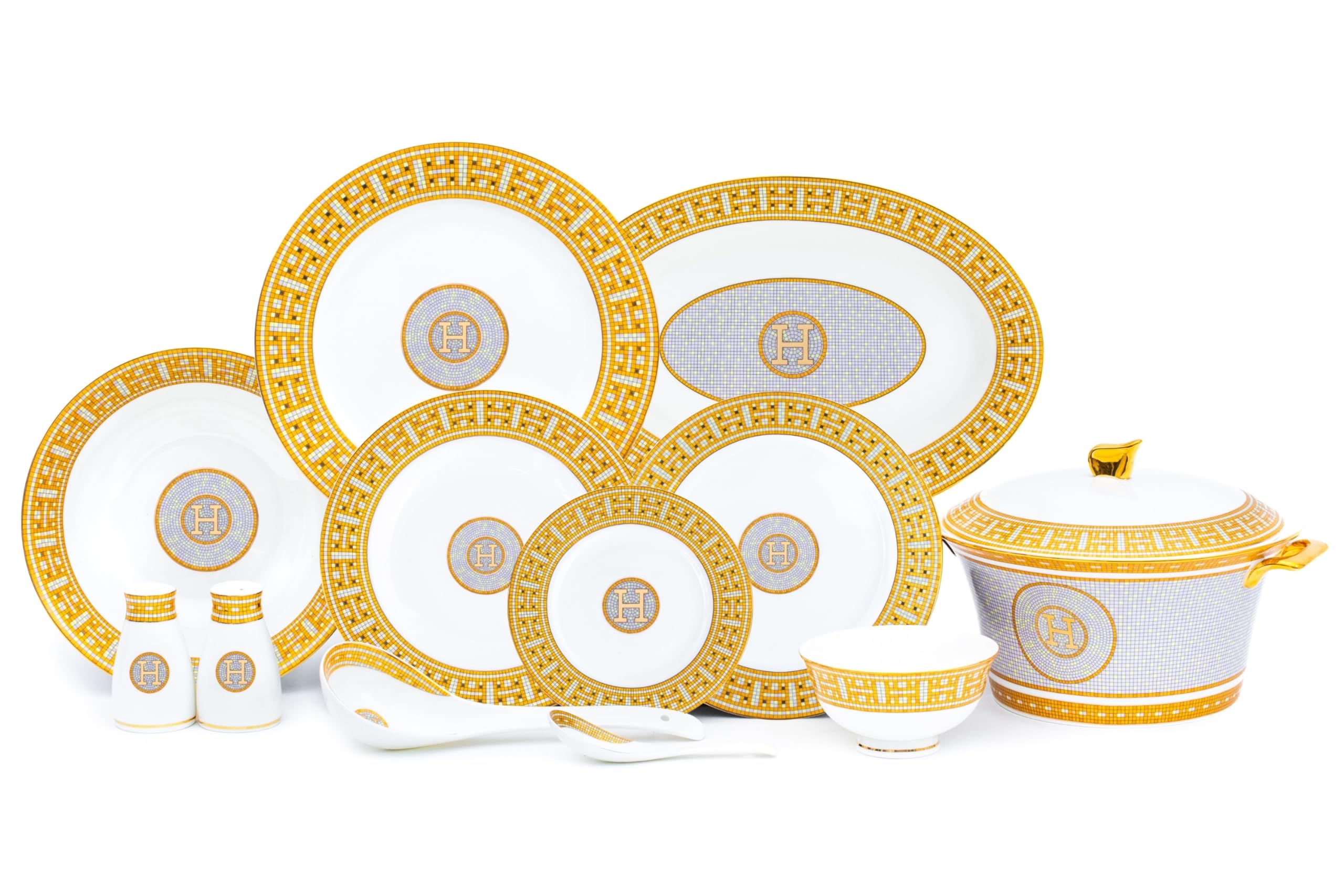 Royalty Porcelain 44-piece Mosaic dinner set with 24K gold-plated bone china displayed on a white background