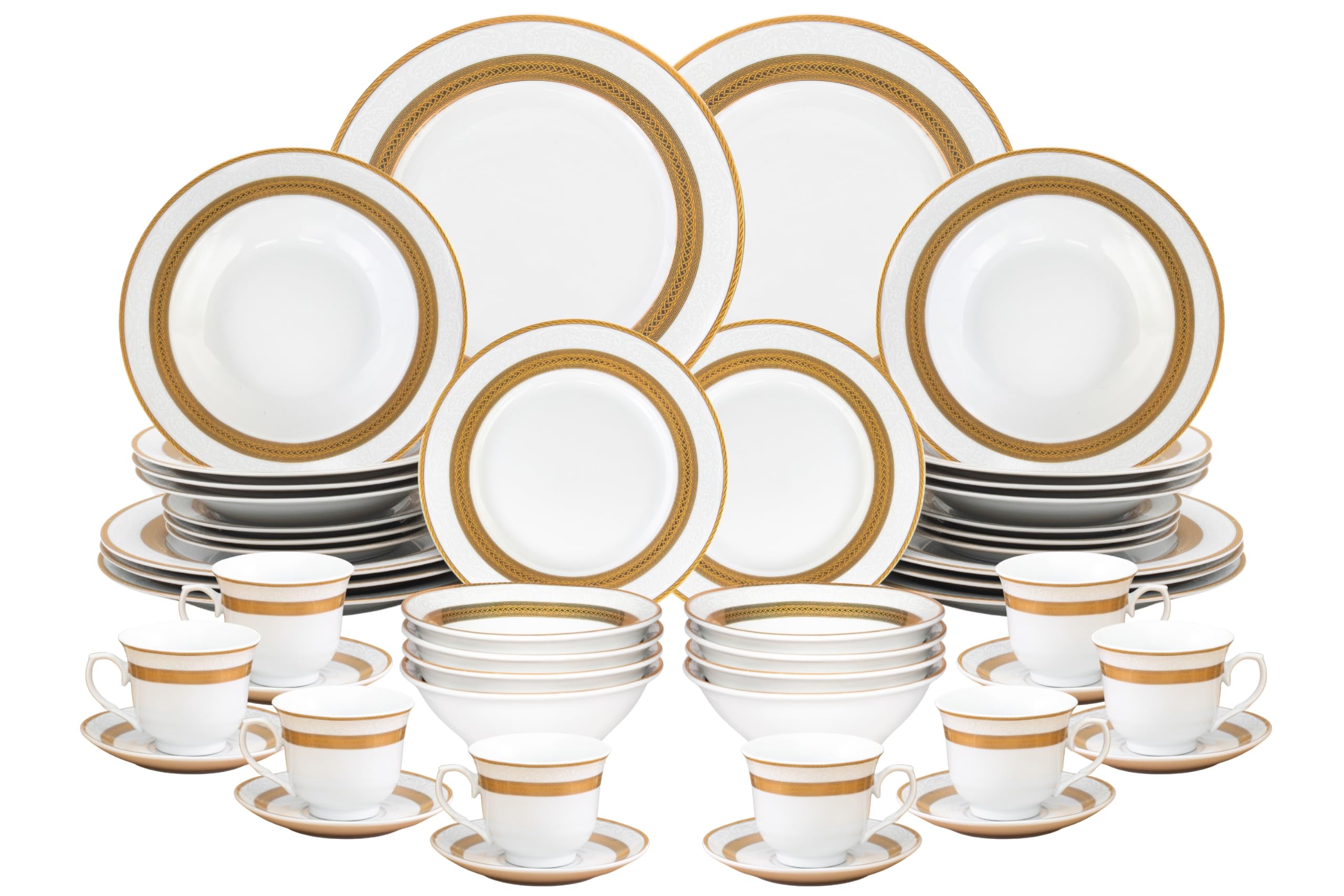 48-piece white and gold vintage porcelain dinnerware set arranged as a full table service for 8, showing all plates, cups, saucers, and bowls