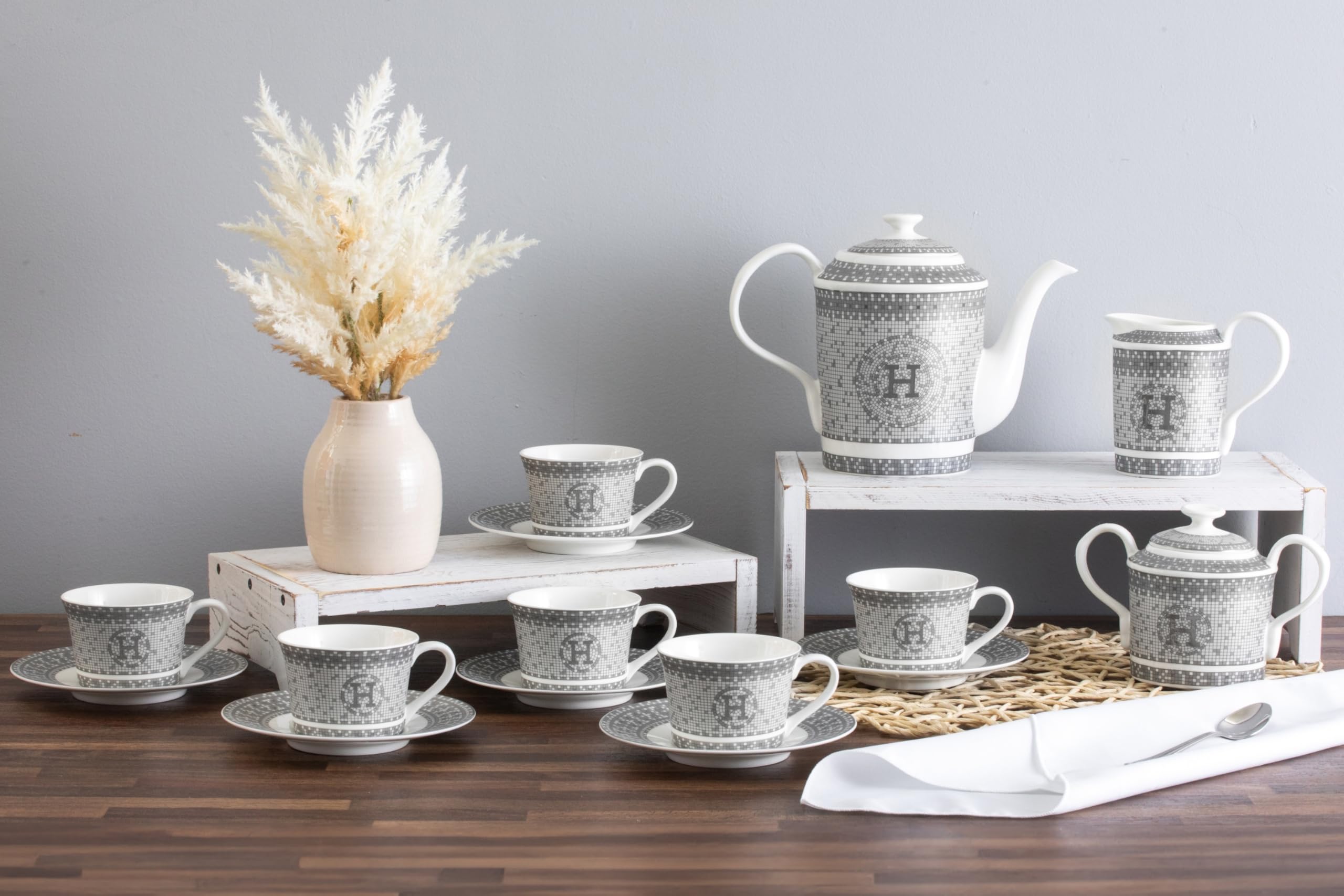6 oz porcelain coffee cups Porcelain Tea Set for 6 - Cups (6 oz) and Saucers
