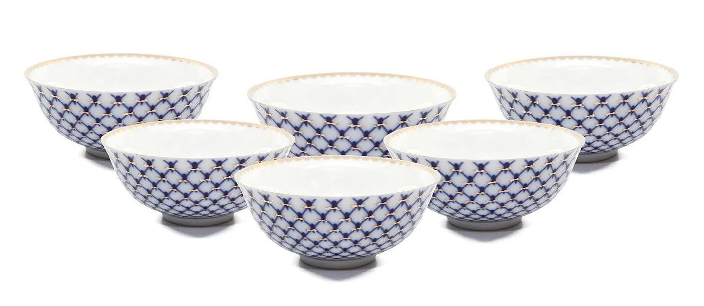 SET of 6 Lomonosov Porcelain Piala 4" Tea Cup Set, Russian Cobalt Blue Net